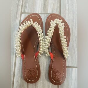 EUC: Tory Burch Brown, Tatiana Sandals, Pearl Embellishment, 7.5